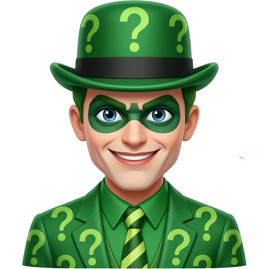 The riddler, derby hat, green with question marks. emoji