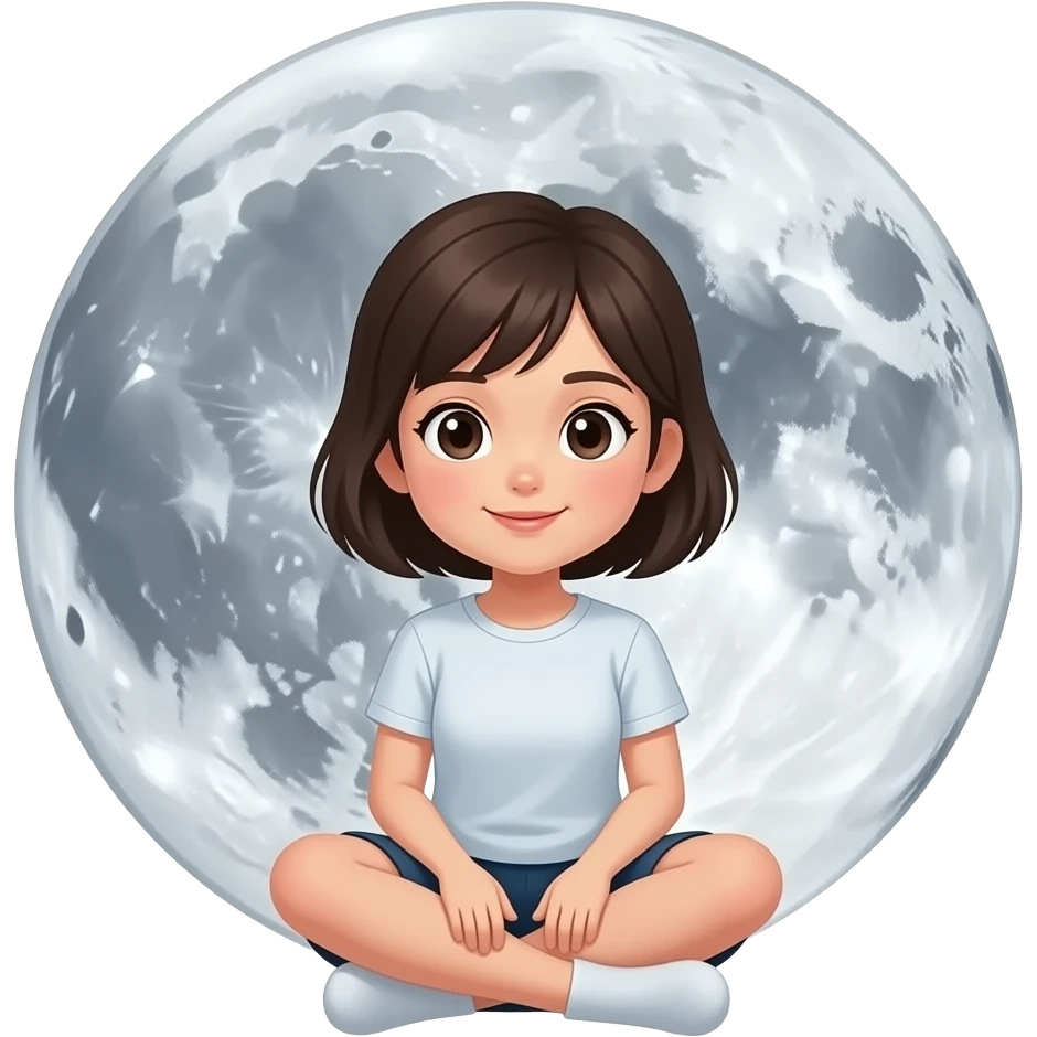 A girl is sitting near the moon emoji