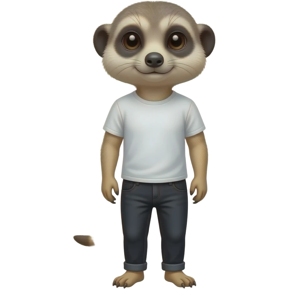 Create a meerkat wearing white t-shirt and black jeans shirt above it. Gray head emoji