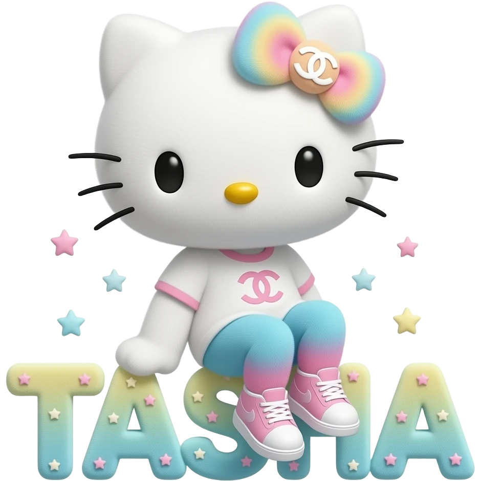 4D Velvety fur texture hello kitty wearing ombre white and blue and pink ombre pastel colored leggings and sneakers, and with the Chanel symbol on her ombre pastel bow sitting sideways leaning back on top of the velvety 3D outlined letters TASHA surrounded with tiny ombre pastel stars made of candy emoji