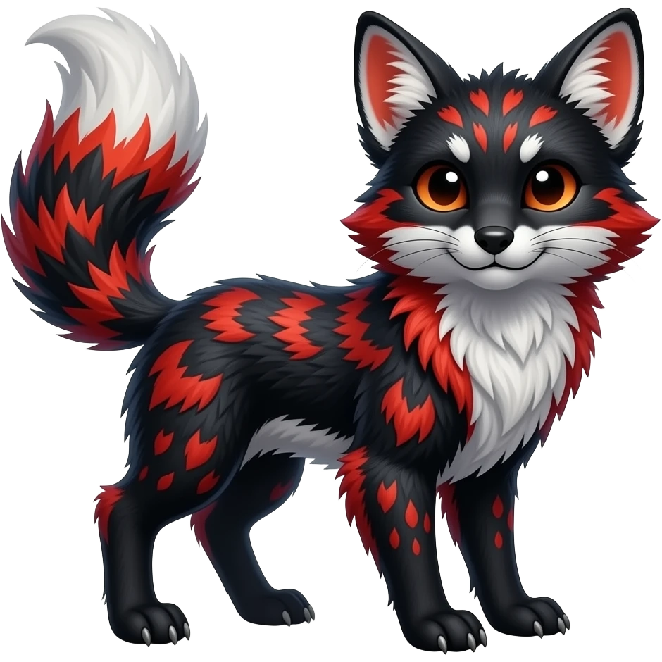 Feral Rare Fantasy shiny soft fuzzy furry vibrant tropical obsidian-black and crimson-red Vernid-Trico-species-creature by LiLaiRa, random markings, tufted tail, tufted ears, full body emoji