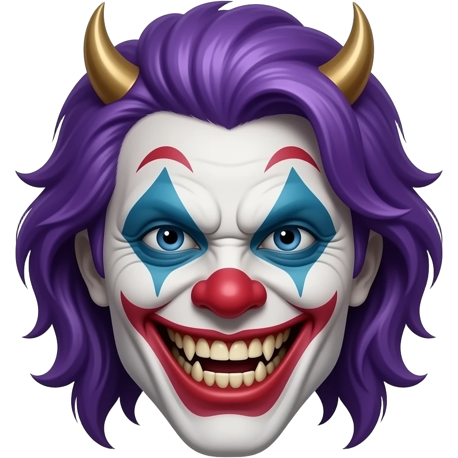 An evil , demonic clown with purple hair, head only, wicked grin, hyper real, crazy makeup, scary, hyper real, ultra real emoji