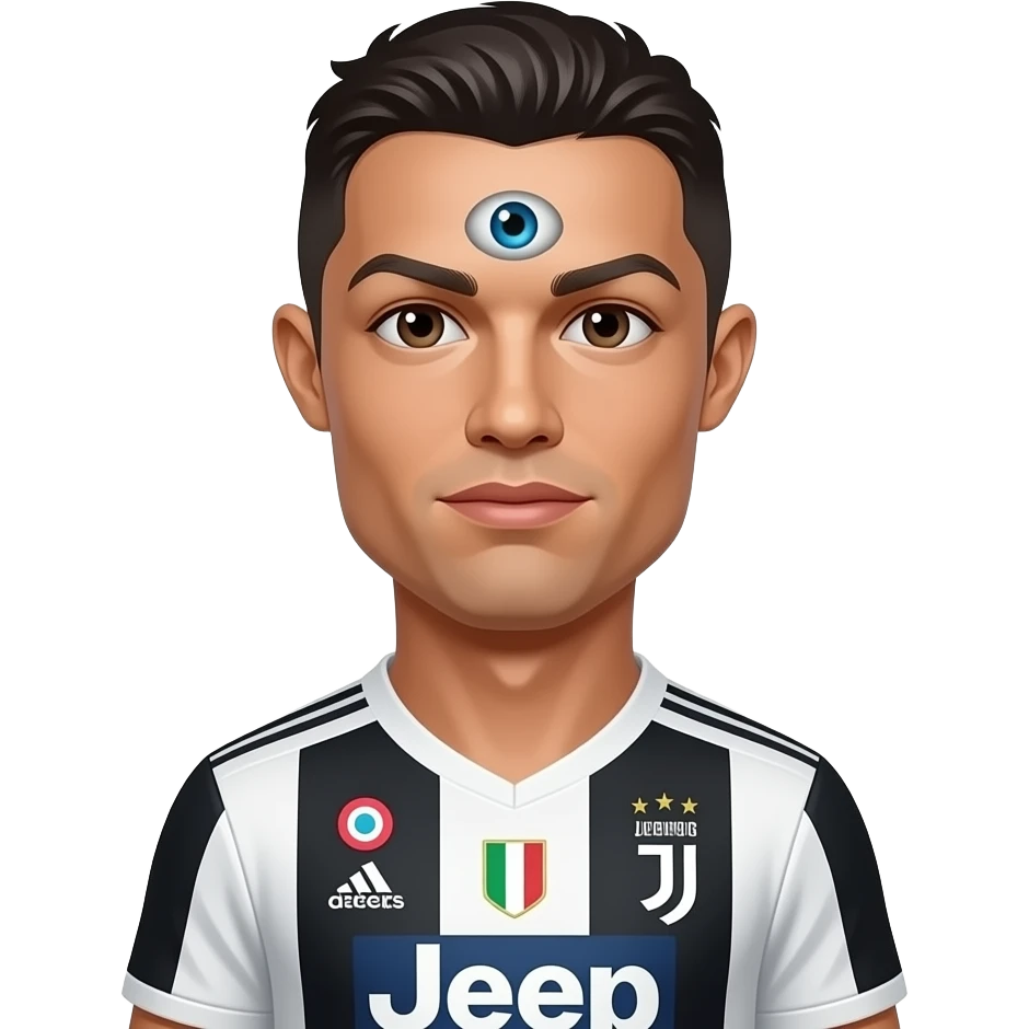 Cristiano Ronaldo emoji, Juventus jersey, extra small emoji eye centered on forehead, matching original eyes, bright 3D cartoon style. emoji
