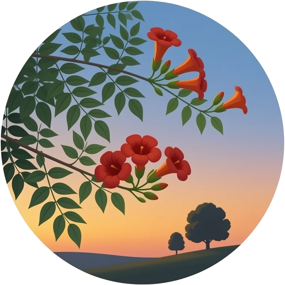 Realistic circular image (no white border): Campsis (tubular red‑orange ...