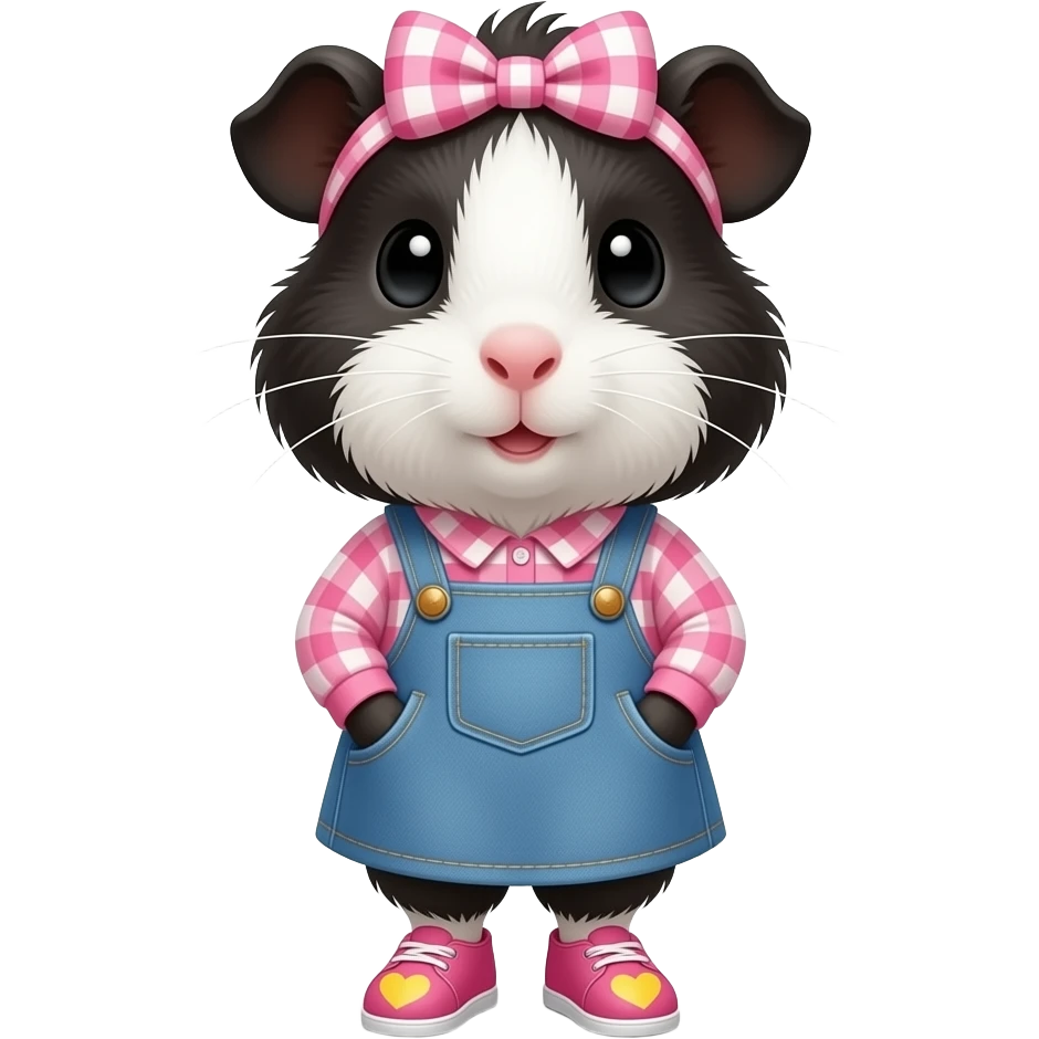 black and white guinea pig with pink long sleeve gingham shirt, jean dress, pink shoes with yellow hearts and a pink gingham bow in fur emoji