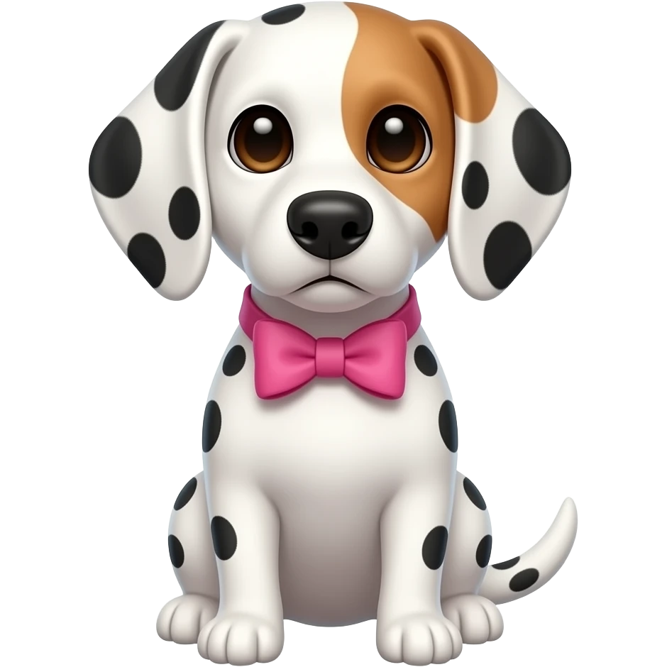 Frontal pic of Dalmatian beagle with pink bow, half body emoji