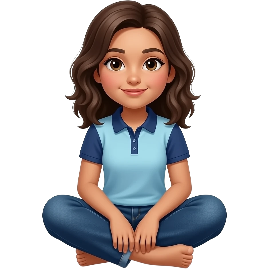 Hispanic girl with brown hair and light blue and dark blue polo and dark blue baggy jeans sitting down showing her feet scrunching emoji