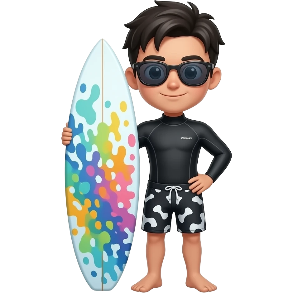 A cute chibi 3D render of a Black man in a wetsuit and swim trunks, holding a surfboard. He is wearing sunglasses and standing with one hand on his hip. The surfboard has a colorful abstract design emoji