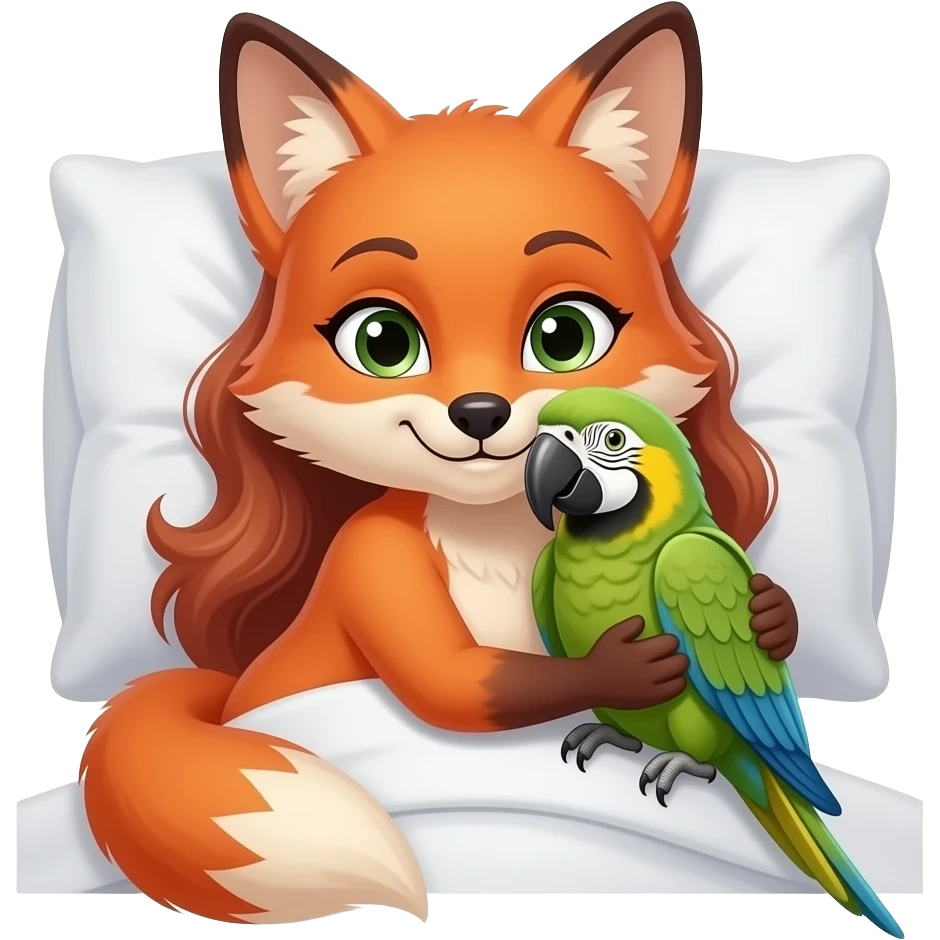 Female fox furry person woman,laying in bed hugging a parrot emoji