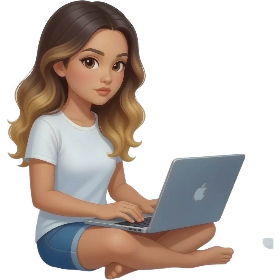 beautiful-Filipino-woman-beautiful-eyes-with-long-wavy-hair-balayage--sitting on the bed-with a laptop-looking at the laptop-side view-serious emoji