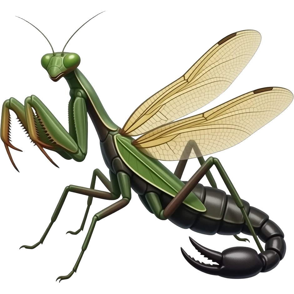 A praying mantis torso on a black widow body with dragonfly wings, a scorpion tail and pinchers, insectoid fusion, realistic, emoji