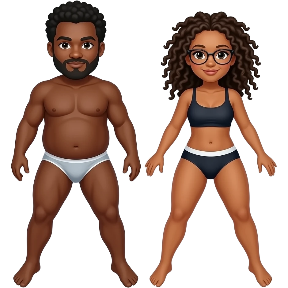 Black couple. Chubby, non muscular man with low curly cut and beard with some gray. Having sex with a Black woman with black locs (with some gray) and glasses in bed with legs open just panties emoji
