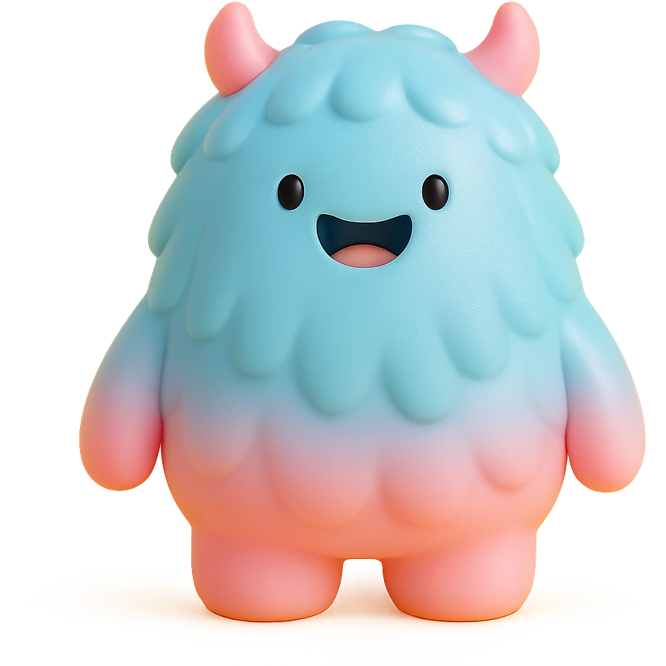 fluffy monster with long fur, tiny horns, cheerful expression, light blue and pink colors emoji