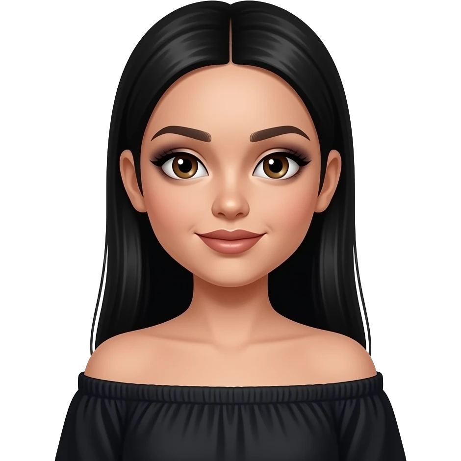 Black girl Teenage hazelnut eyes, smoky eye glitter makeup Long straight black hair shoulder off black top emoji