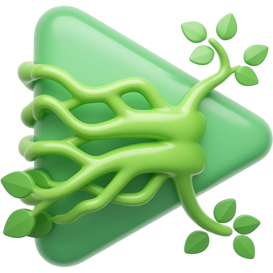 Glossy 3D play button with organic green roots growing out, social media aesthetic, minimalist. emoji