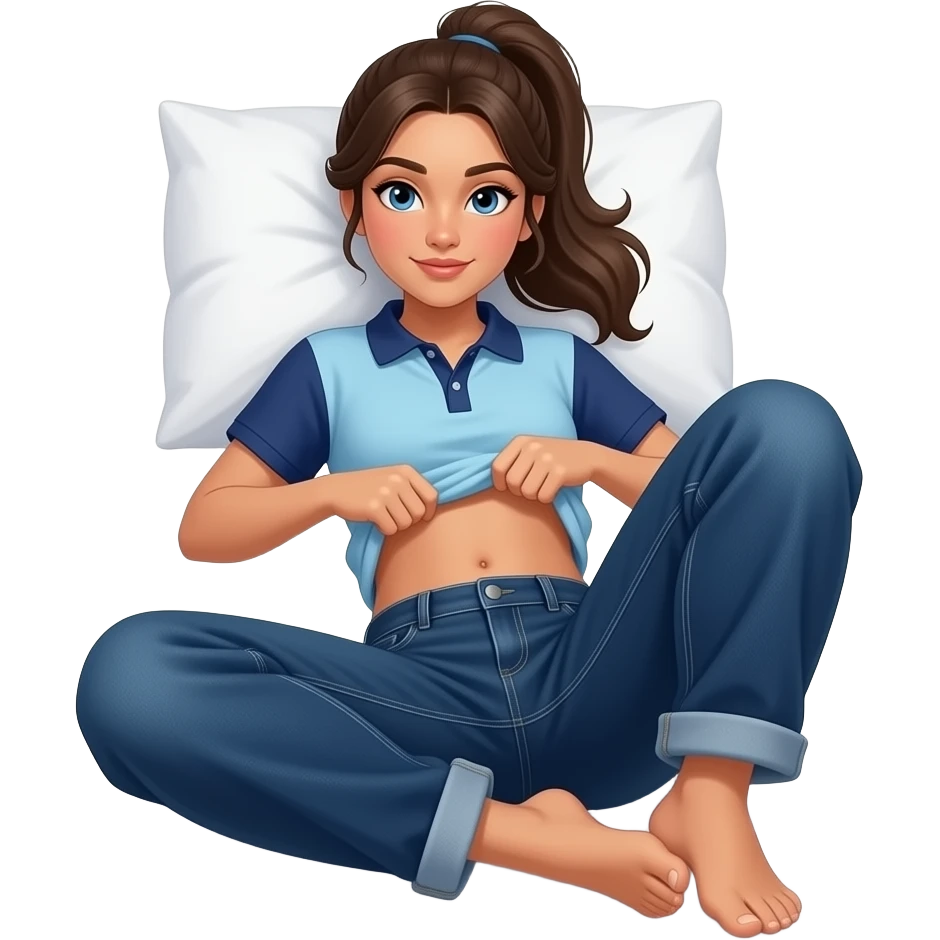 17 year old hispanic woman with brown ponytail and blue eyes light blue dark blue polo and dark blue baggy jeans and belly button lifting her shirt laying on her pillow in bed showing her feet emoji