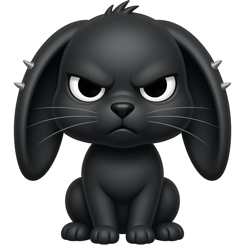 The black rabbit has a wide face with pierced ears, large black eyes and eyebrows, and a stern, tired look emoji