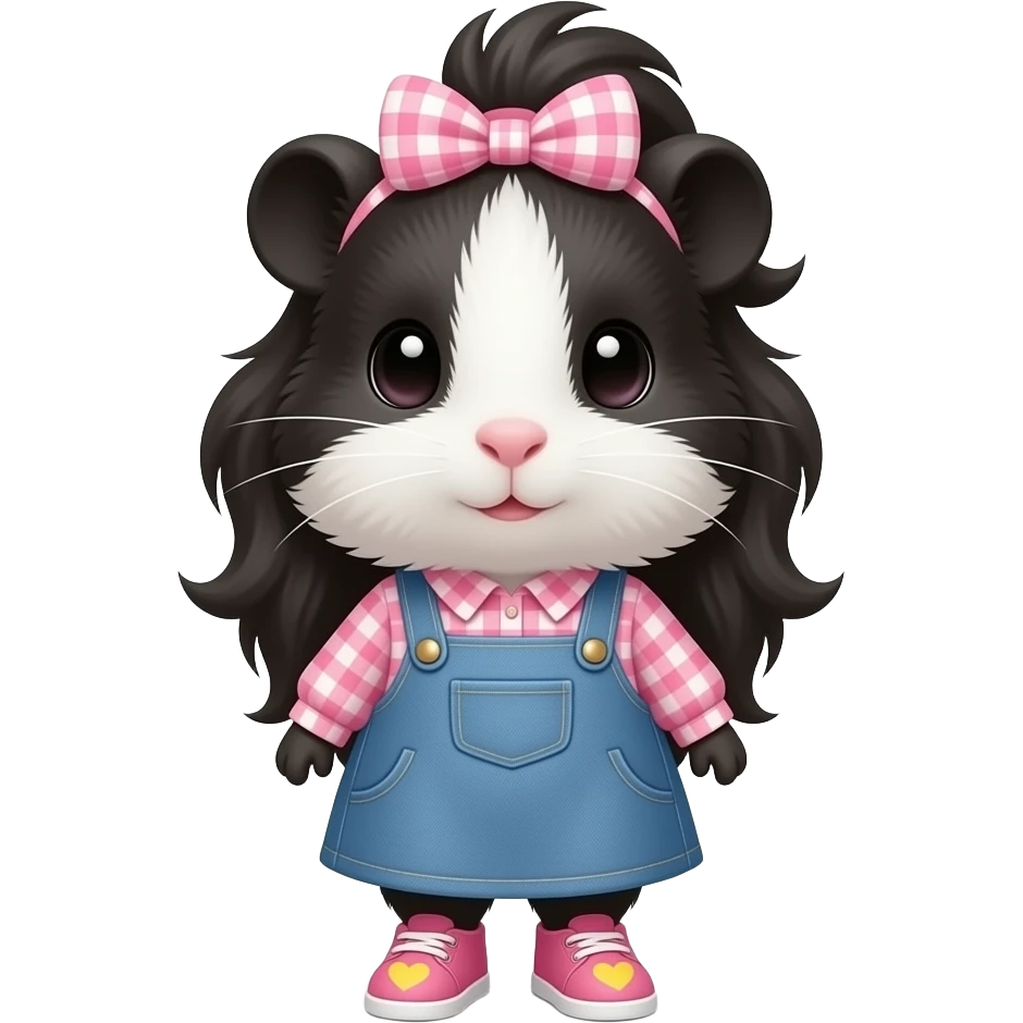 black and white guinea pig with pink long sleeve gingham shirt, jean dress, pink shoes with yellow hearts and a pink gingham bow in hair emoji