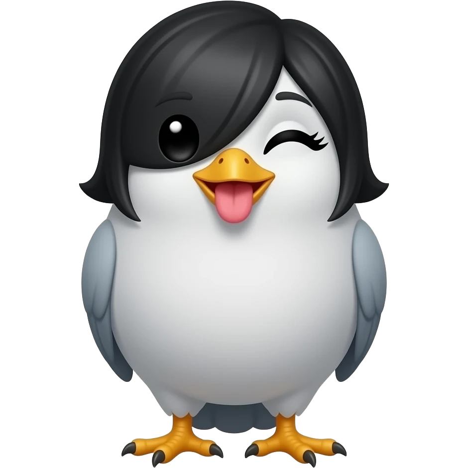 bird with its tongue out give it eyeliner add black hair covering one eye emoji