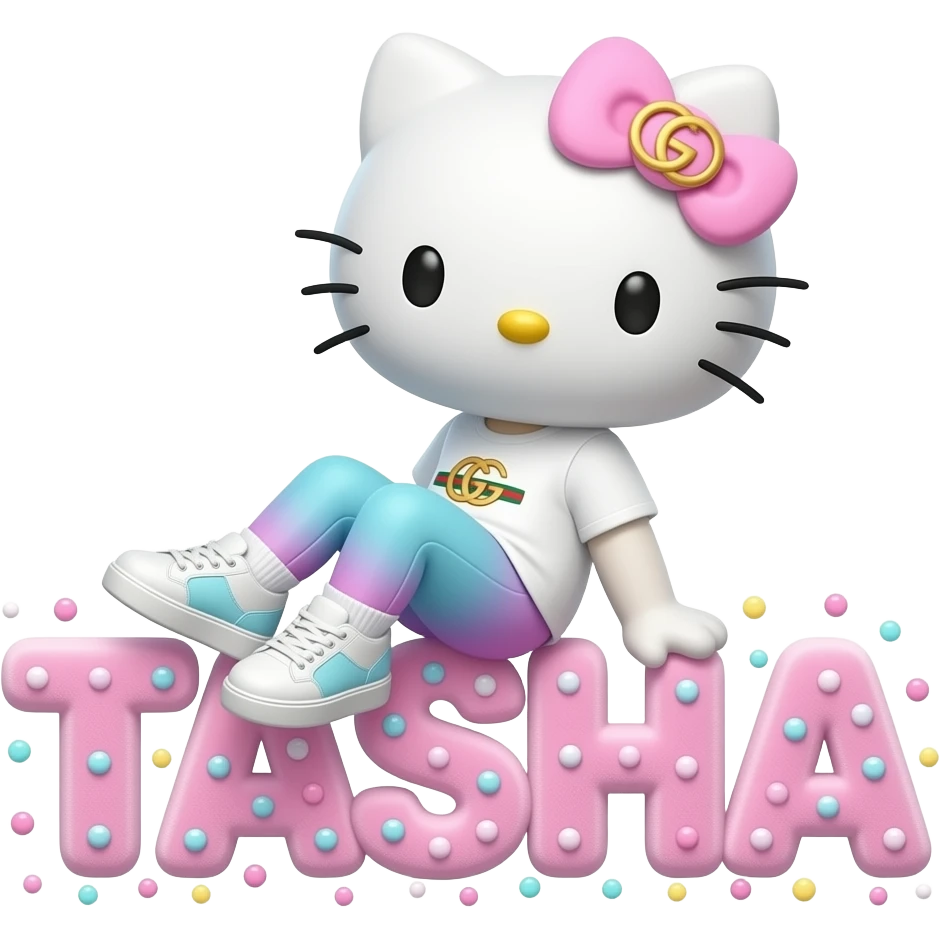 4D Velvety fur hello kitty wearing ombre white and blue and pink ombre pastel colored leggings and sneakers, and with the Gucci symbol on her ombre pastel bow sitting sideways leaning back on top of the velvety 3D outlined letters TASHA surrounded with tiny ombre pastel dots made of candy emoji
