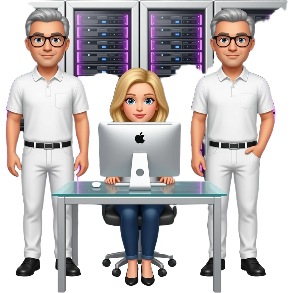 In the background is a silver server cabinet with purple backlighting, in the foreground is a glass table and an imac computer, two men are standing, gray hair, black glasses, black hair, gray glasses, dressed in white pants and a polo shirt, a blonde girl is sitting at the table, emoji
