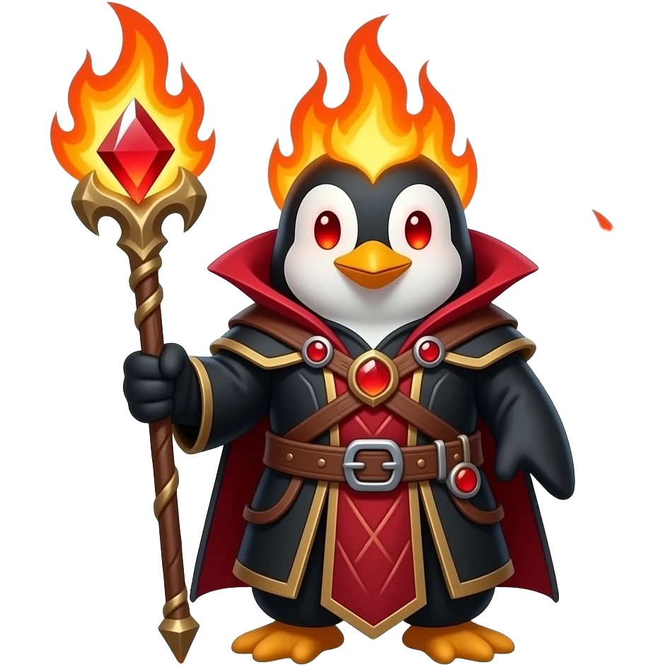 penguin fire wizard, fire elements red eyes, staff with firey red gem, black and red outfit emoji