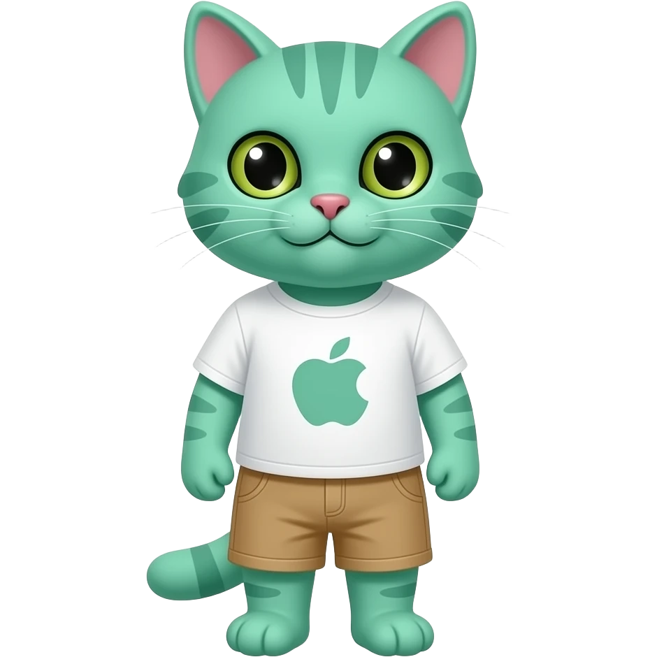 Ice green cat wearing a white shirt with the Apple logo on it with some tan shorts emoji