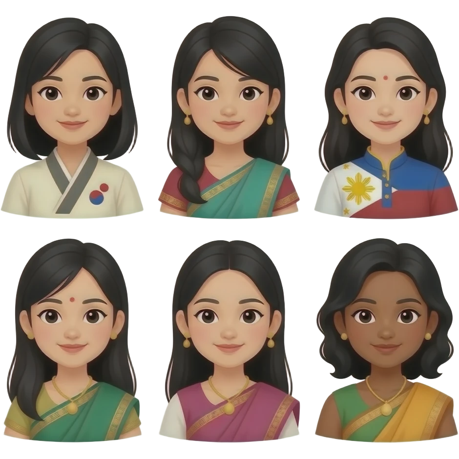 Make nine girls one Korean one Japanese one Filipino to Indians, two white people and one black person emoji