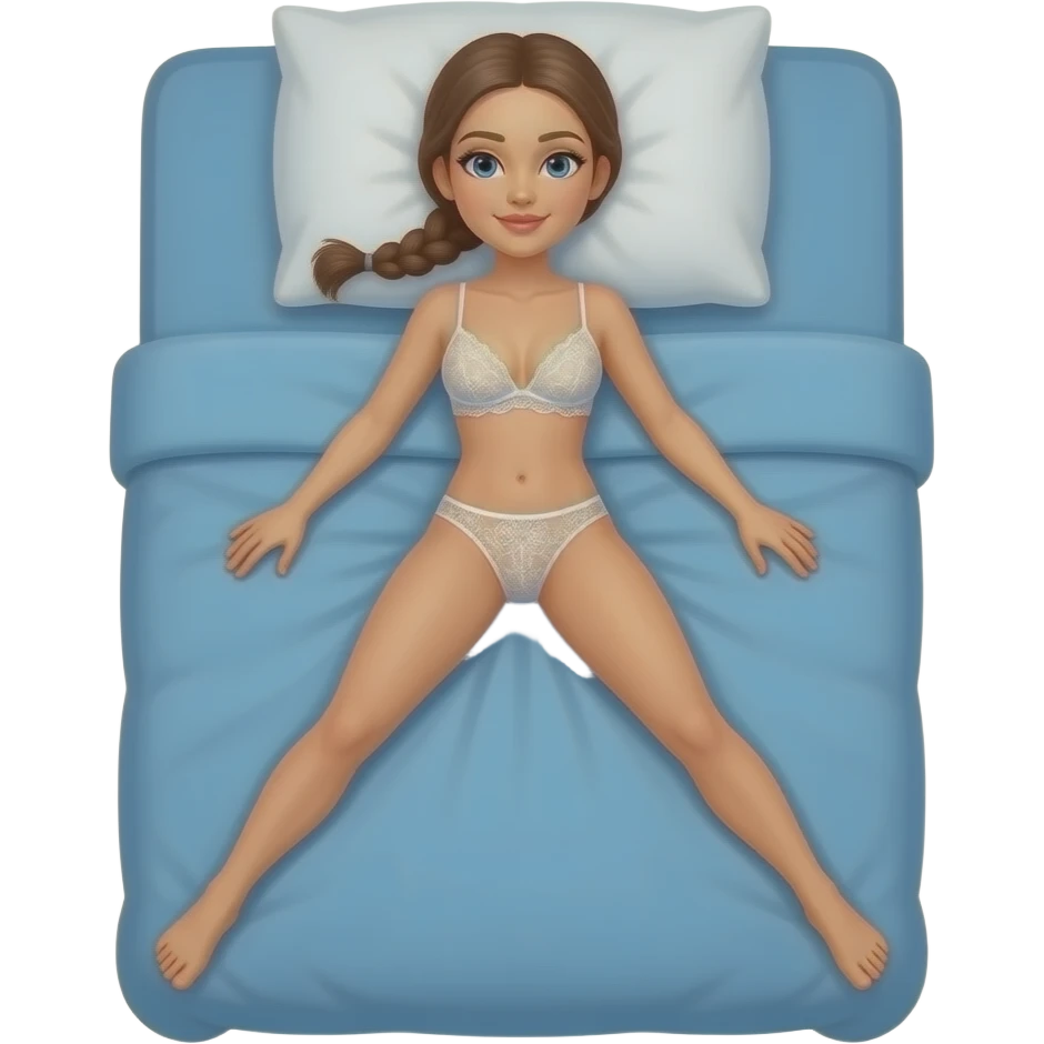 woman, in lacy white bra and thong, braided ponytail, laying legs apart, on blue bed emoji