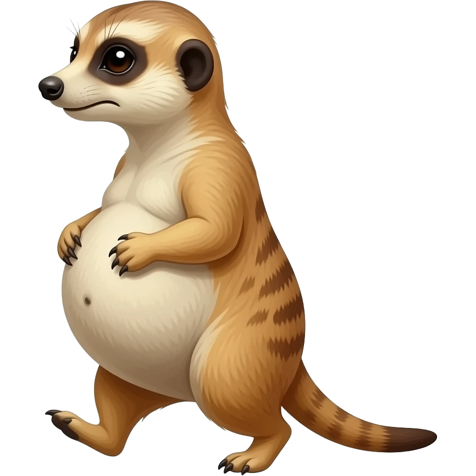 A female Meerkat now wants to give a try to walk,but with her full belly so big she has to hold it up off the ground,it is a guessing game if she is gonna all the way home ,but she knows she is just fat,her bellybutton makes agreement with clues. emoji