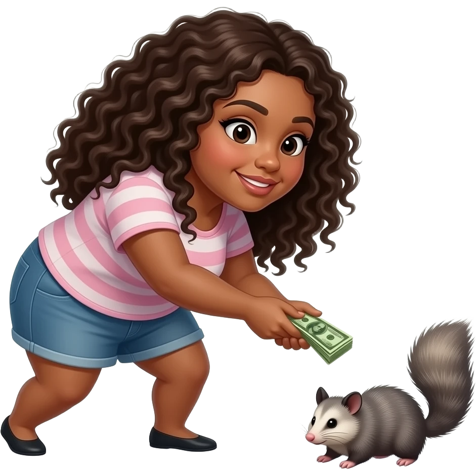A curvy pale biracial woman with long curly hair is stealing money from possums emoji