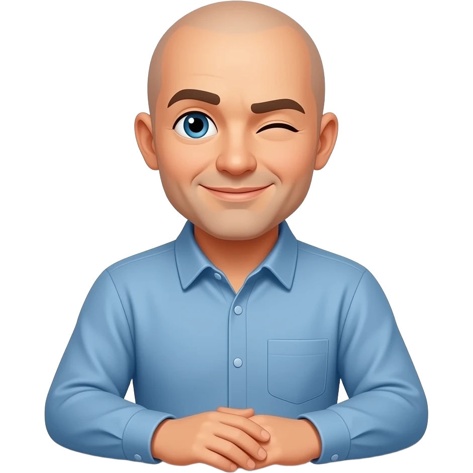 대머리 남자가 테이블에 앉아서 윙크하고 있는 거 emoji