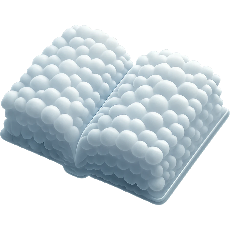 top view of a thick open book made entirely of small, very bright white fluffy convex clouds, matte glass style emoji