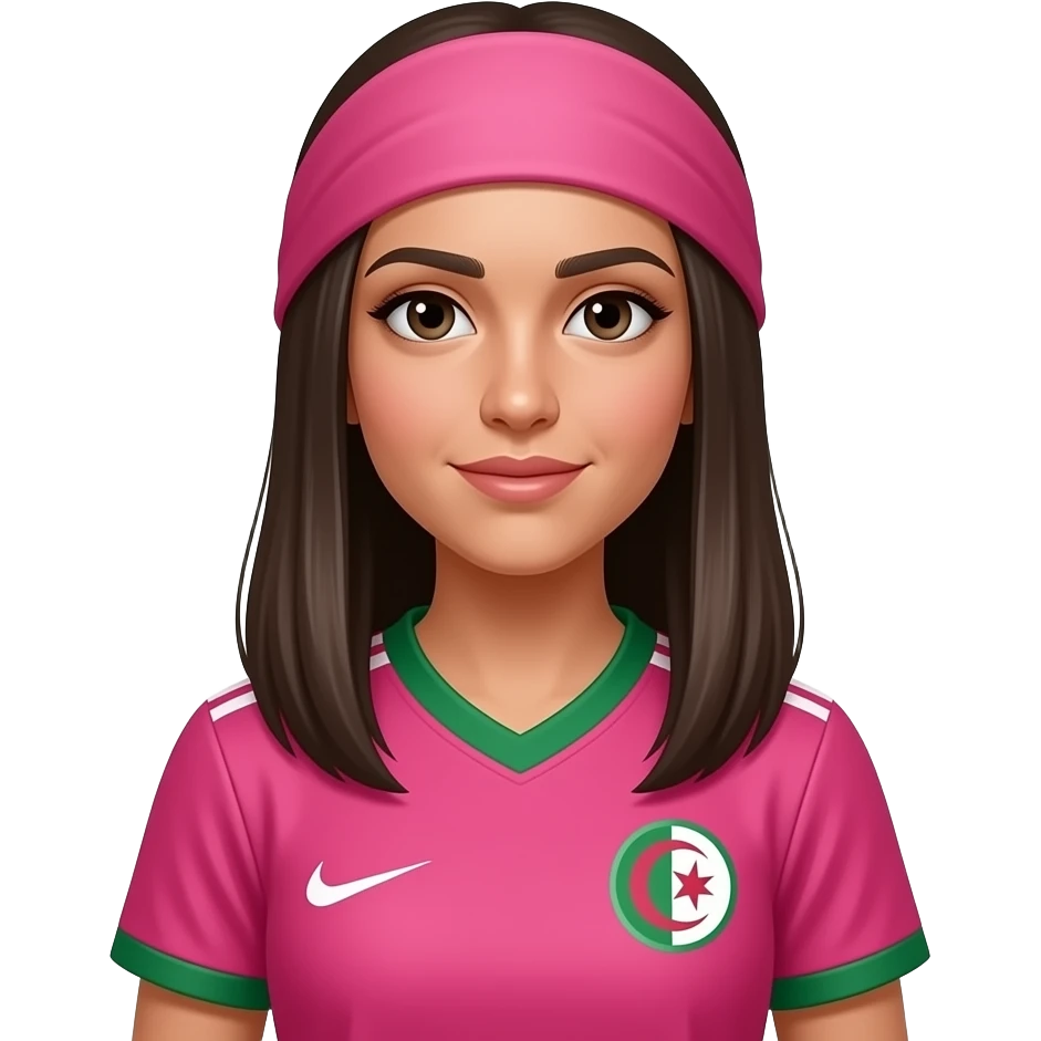 adolescente arabe avec les cheuveux lisse un maillot rose de l'algerie réaliste sponsorisé par nike avec un voile sur la tete emoji