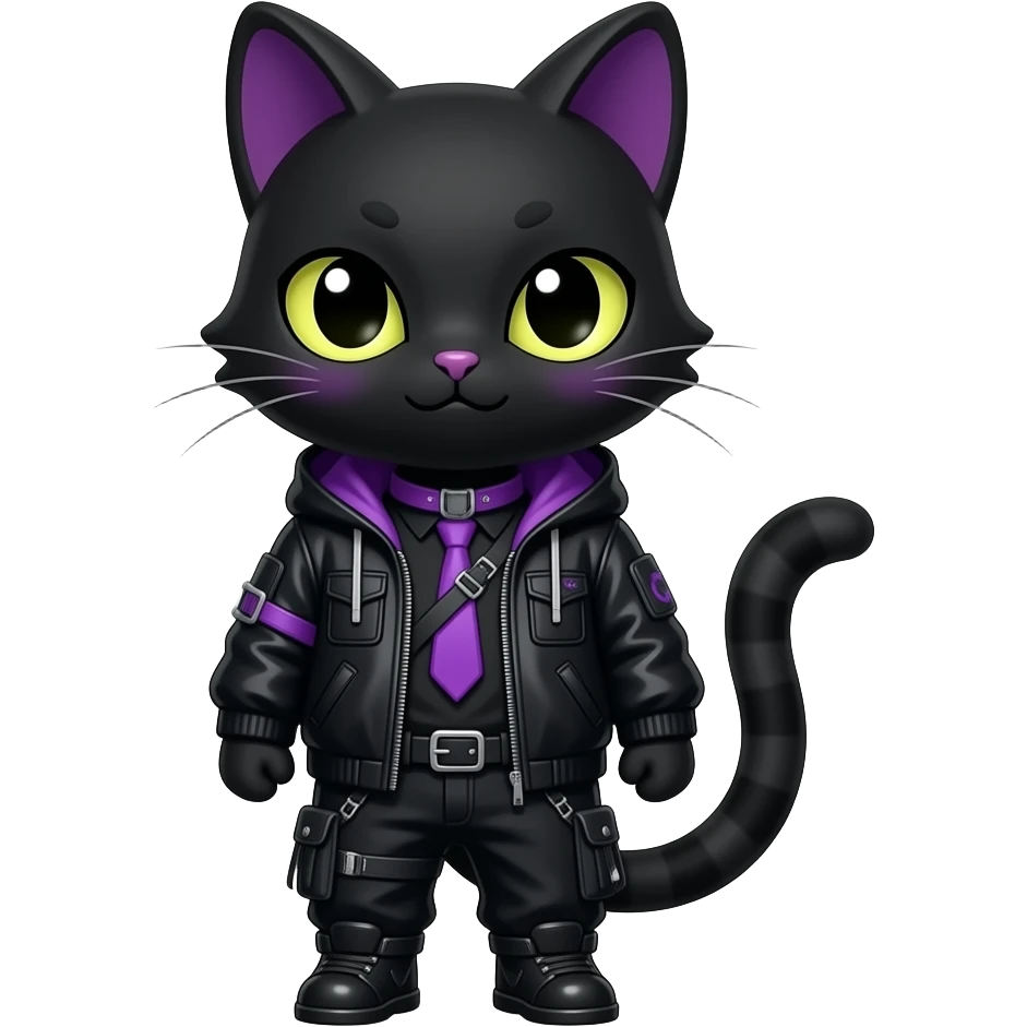 Gorgeous furry gothic dark techwear anime style anthro black cat furry sona Fakemon with blushing face aesthetic and pretty edgy black with violet collar and harness trending style emoji