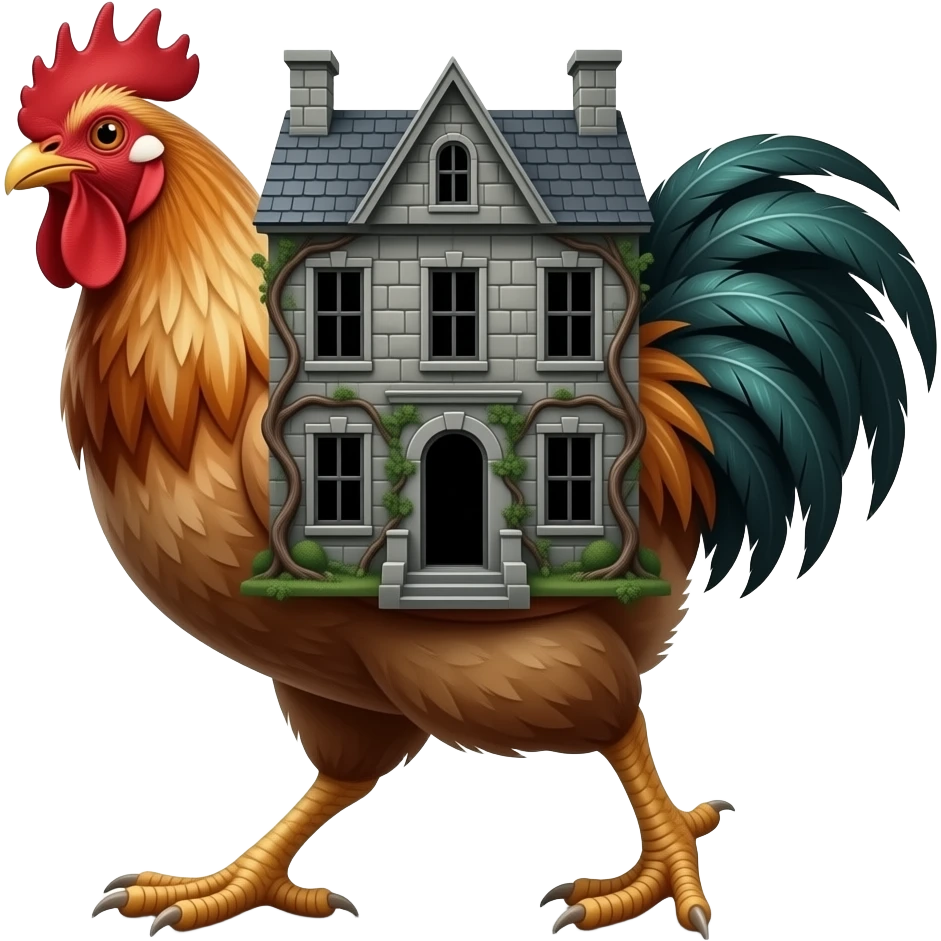 an ominous house walking on chicken legs emoji