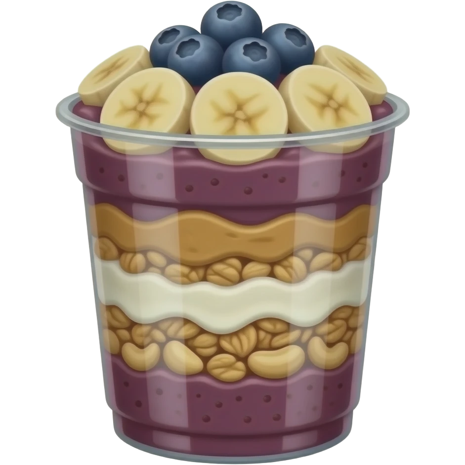 Açai bowl in a clear cup with layers of peanut butter, cashew nuts, granola, condensed milk and banana sliced and blueberrys on top emoji