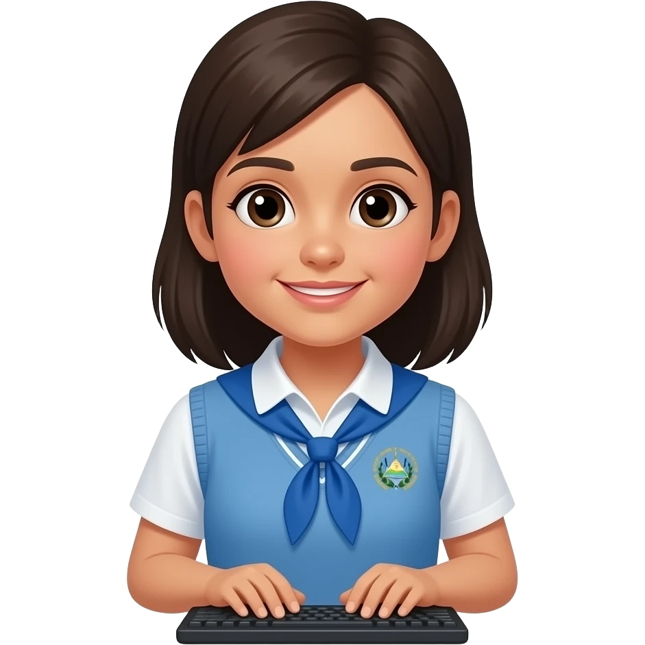 Una niña con el uniforme de escuela salvadoreña con su computadora emoji