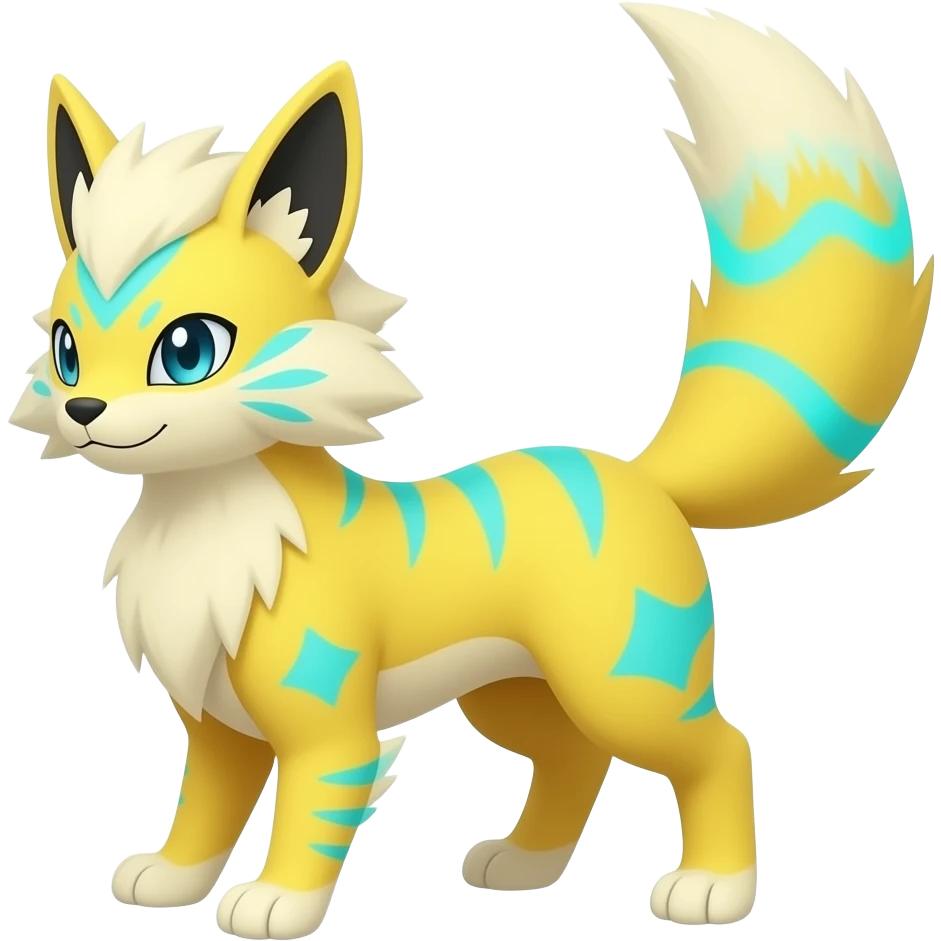Yellow Renamon-Zeraora-Genet-Civet-caracal-Fennekin-Manectric-Vaporeon-Fakémon-hybrid with glowing neon cyan markings emoji