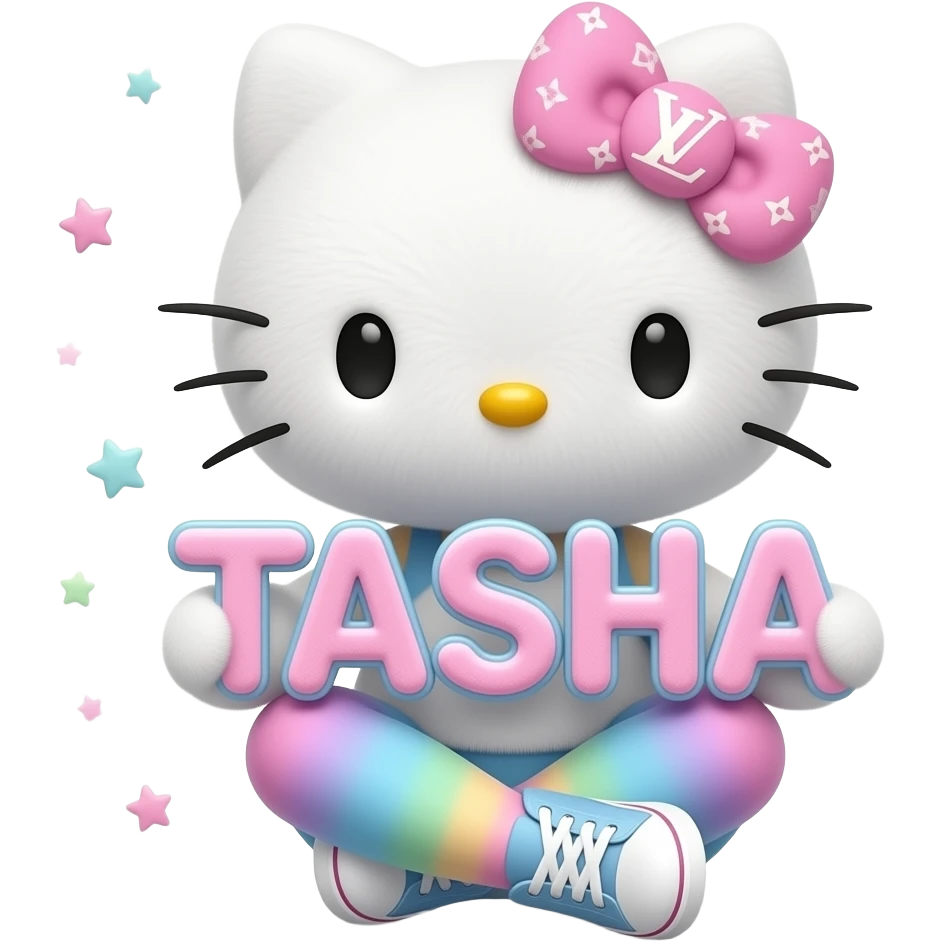 4D Velvety fur texture hello kitty wearing ombre white and blue and pink ombre pastel colored leggings and sneakers, and with the Louis Vuitton symbol on her ombre pastel bow sitting down holding the velvety 3D outlined letters TASHA and surrounded with tiny ombre pastel stars made of candy emoji