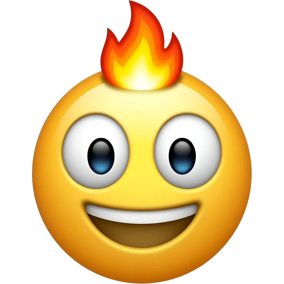 mouth from the smirking emoji, eyes from the smiley emoji, and the fire emoji connects to the top of the head, the whole thing is the classic yellow emoji style what do you not understand about a mouth that isnt symmetrical emoji