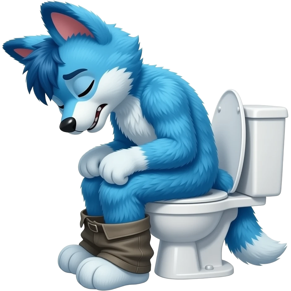 blue fursuit sitting on toilet, side view, pants down, straining,  eyes closed, pushing, squeezing, sick emoji