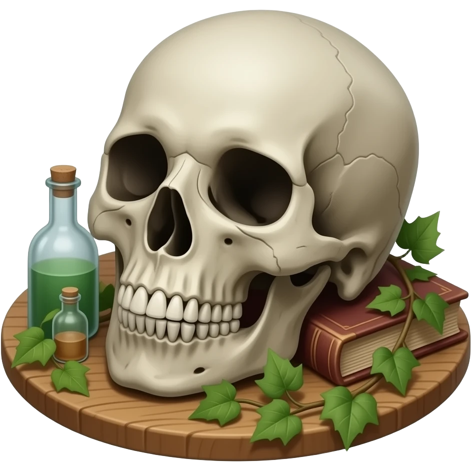 realistic cinematic - Joel Peter Witkin style - still life arranged on a wooden board, includes a corpse's head, tiny dusty bottles, old battered books, some wrapped ivy emoji