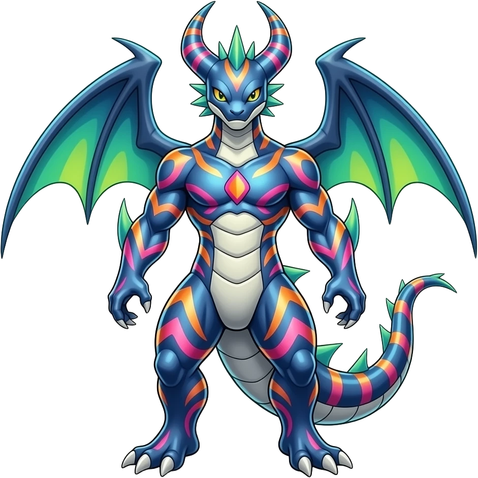 A hyper-realistic randomly-neon-colored randomly-A hyper-realistic randomly-neon-colored randomly-Chosen patterned Darkrai-Bisharp-Scizor-Yveltal-Ferligatr-Fakémon-fusion-creature, full body emoji