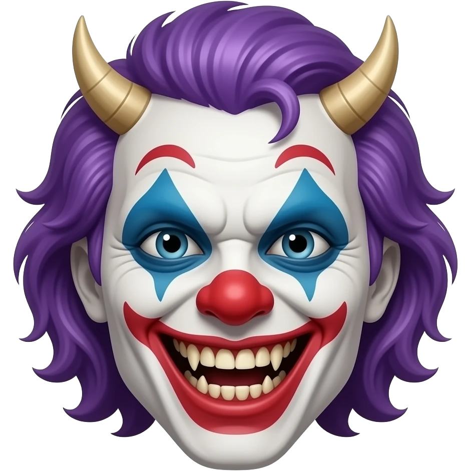 An evil, scary clown with purple hair, head only, wicked grin, hyper real, crazy makeup, scary, hyper real, ultra real, (no horns) emoji