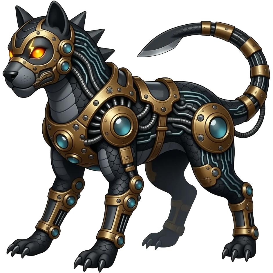 Cool edgy fiery electrical scaly cybernetic visor-eyes, Circuitry-patterned black-scaled digitigrade futuristic fantasy-Cyberpunk-Steampunk-Solarpunk-Sharpedo-Garchomp-Genesect-Cyclizar-Salandit-Protogen-Fakémon-hybrid, tail blade, back spikes emoji