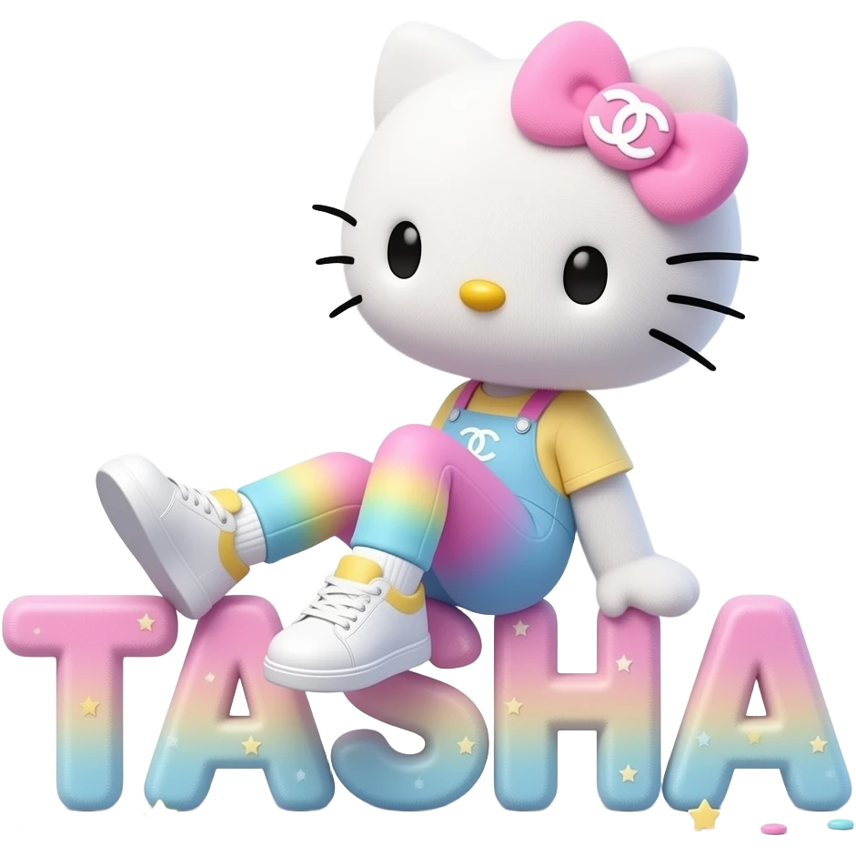 4D Velvety fur hello kitty wearing ombre white and blue and pink yellow ombre pastel colored leggings and sneakers, and with the Chanel symbol on her ombre pastel bow sitting sideways leaning back on top of the velvety 3D outlined letters TASHA surrounded with tiny ombre pastel stars made of candy emoji