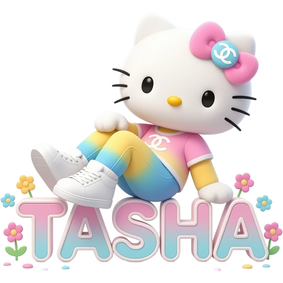 4D Velvety fur hello kitty wearing ombre white and blue and pink yellow ombre pastel colored leggings and sneakers, and with the Chanel symbol on her ombre pastel bow sitting sideways leaning back on top of the velvety 3D outlined letters TASHA surrounded with tiny ombre pastel flowers made of candy emoji