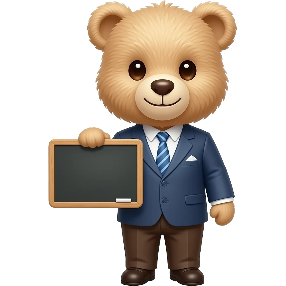 Beige teddy bear teacher, wihut fluffy hairs, with blackboard emoji