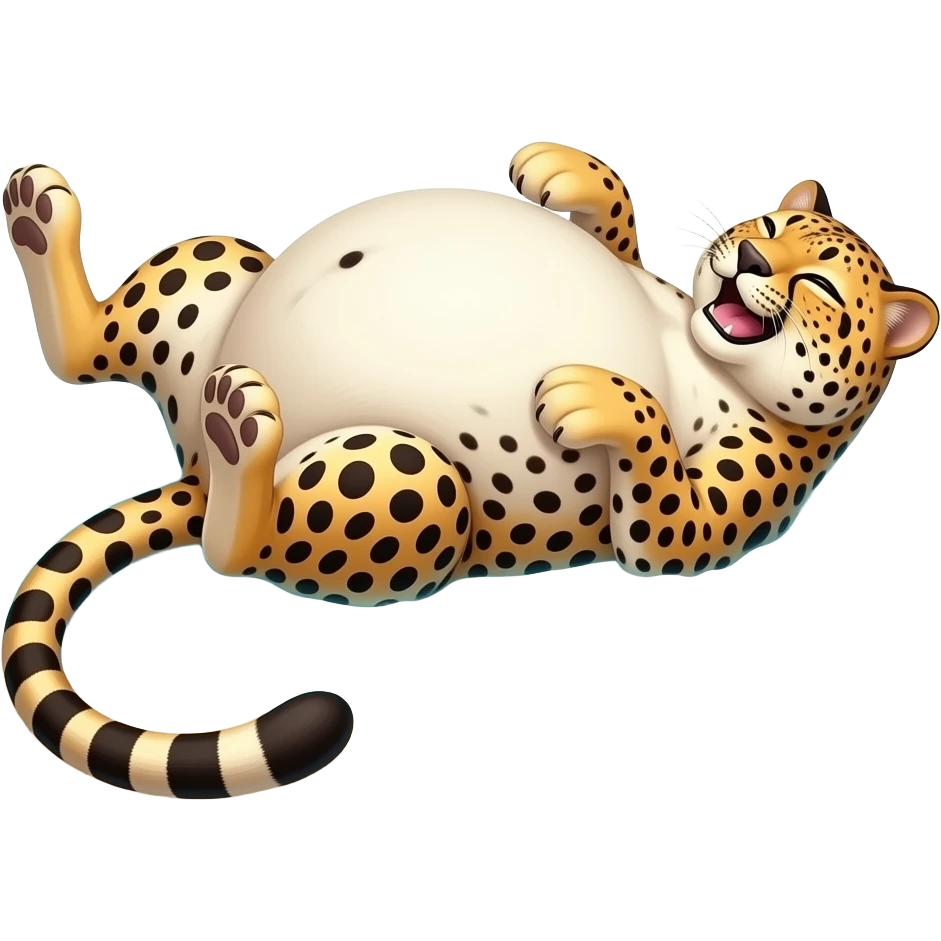 A cheetah enjoys beach holiday in her swimmers,but she is so full from a lunch break that she is about to burst,Then her fat Tummy rolls & drops out,she will just lay on her back in the shallow cool water,her gluttonous belly promotes a good resort business. emoji